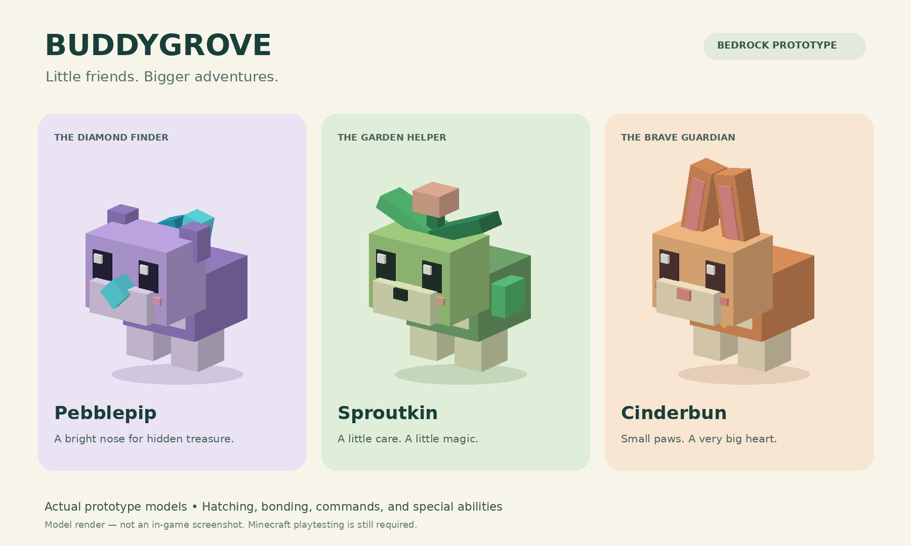 Buddygrove creature preview: Pebblepip, Sproutkin and Cinderbun